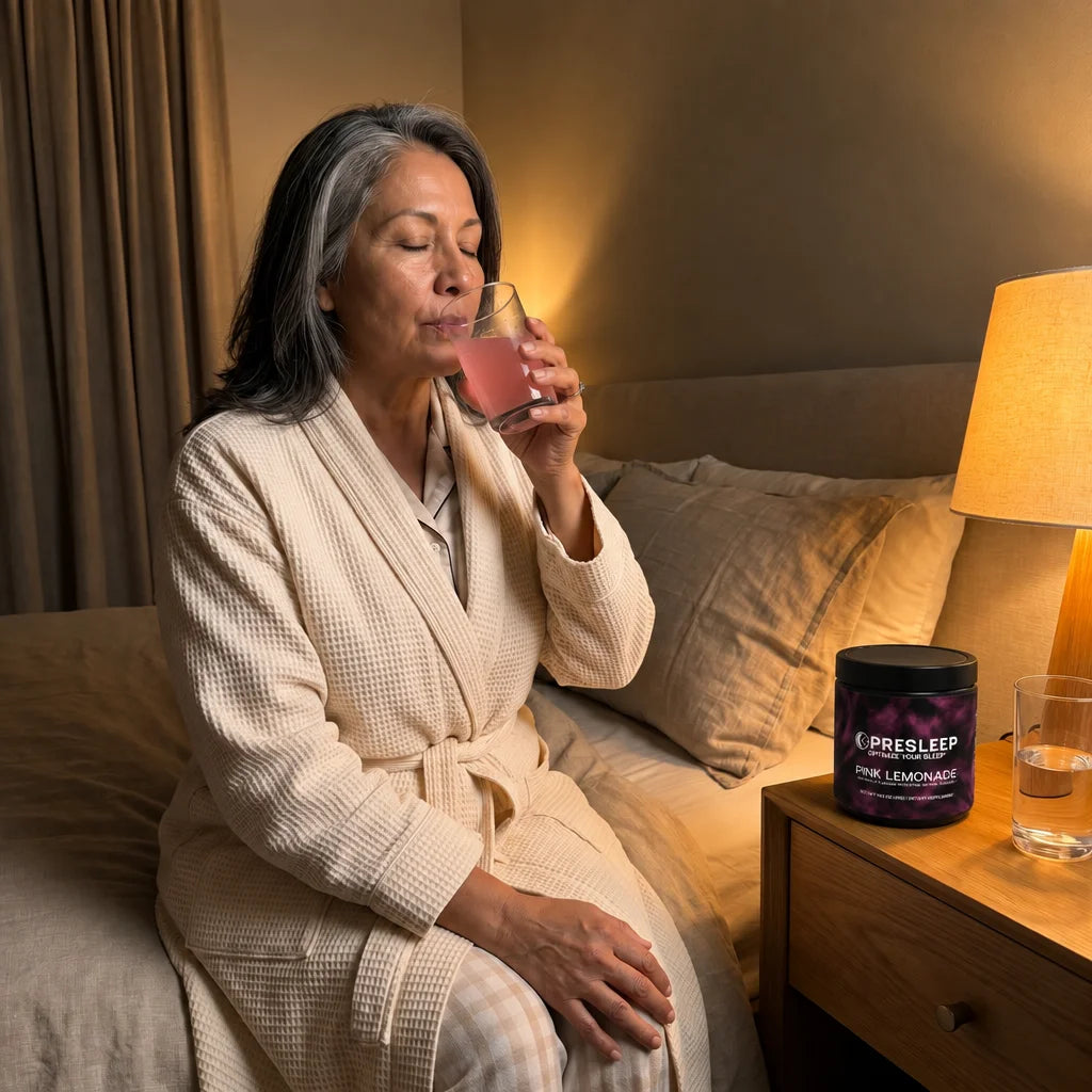 Woman sipping PreSleep in bed