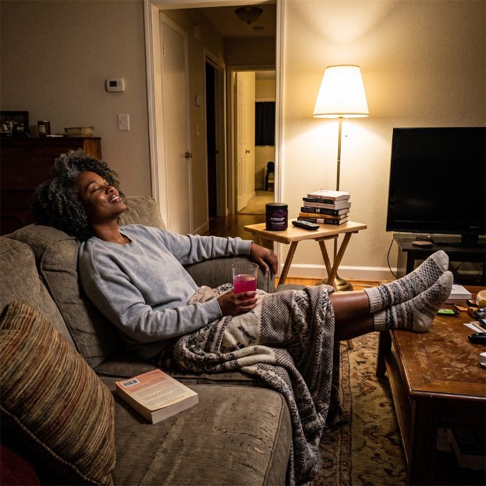 Woman fully unwound on the couch with her PreSleep drink