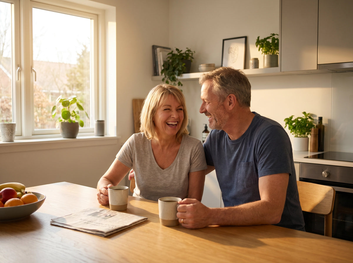 Couple enjoying morning coffee after great sleep