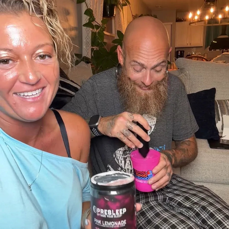 PreSleep customers, a couple mixing their nightly drink on the couch
