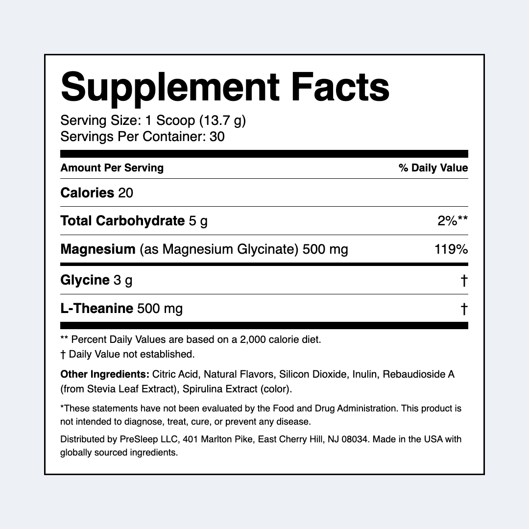 PreSleep Supplement Facts panel.